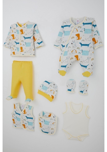 Breeze Erkek Bebek Hastane Çıkışı 8 Li Sevimli Köpekçikler Desenli 0-3 Ay, Ekru Ekru