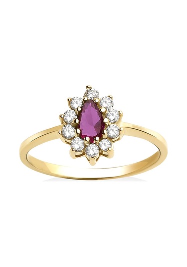 14 Ayar Mikron Altın Kaplama Kırmızı Taşlı Damla Halo Yüzük Vintage Still - Rs00118 Altın