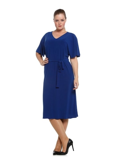 Nidya Moda Büyük Beden Günlük Elbise V Yaka-4071Ssx Saks Mavi