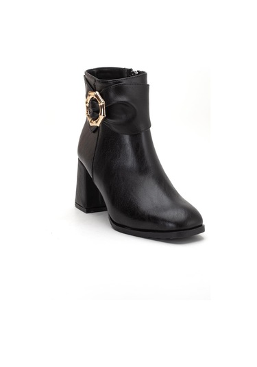 Siyah Kadın Kalın Topuklu Bot Yan Fiyonk Aksesuarlı Küt Burun-4279 Siyah