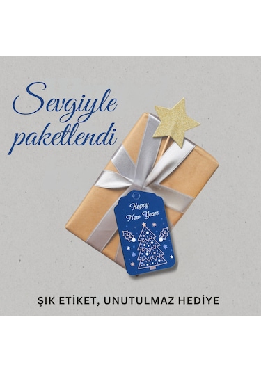 Yılbaşı Happy New Years Yazılı Hediye Etiketi, Çam Desenli Paketl