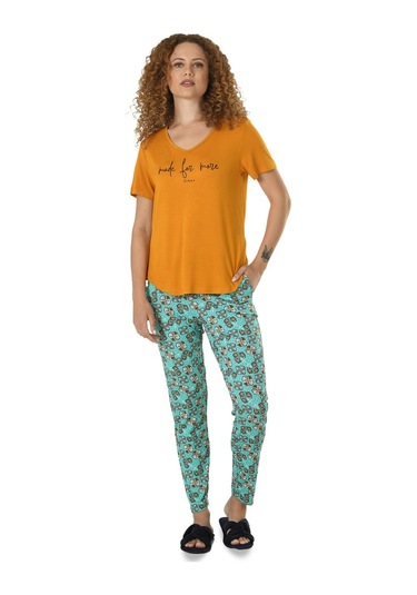 Kadın Hardal Baskılı Yarım Kol Viskon Pijama Takımı 10124 - S Hardal