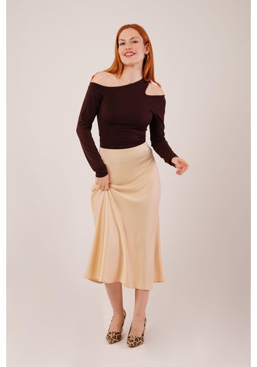Çan Kesim Midi Krem Saten Etek Krem