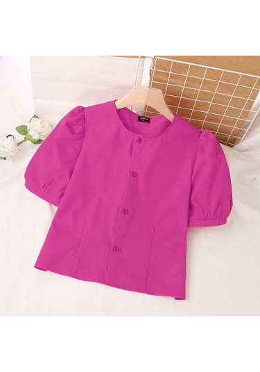 Gül Vonda Kadın Yaz Yuvarlak Yaka Puf Kısa Kollu Düğmeli Düz Renk Bol Bluz Gül