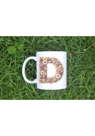 D Harfi Çiçek Desenli Kupa Bardak - Alfabe Harfleri İle Doğal Çiçekli Kupa - Hediye Fikir Beyaz