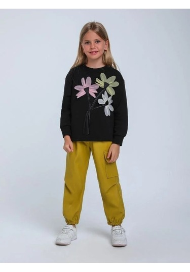 Kız Çocuk Çiçek İşlemeli Tasarım Sweatshirt-14341 Siyah