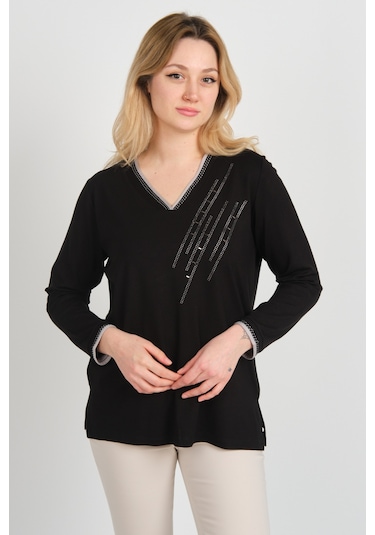 Detay Triko Kadın V Yaka Taş İşlemeli Uzun Kol Anne Bluz 5751 Siyah Siyah