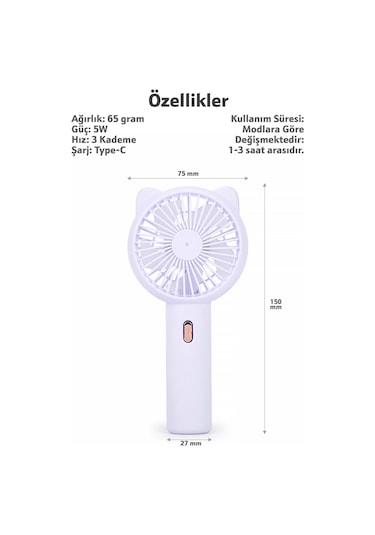 3 Modlu Şarjlı El Fanı 3 Kademe Seyahat Masaüstü Vantilatör Taşınabilir Mini Fan Mor F136
