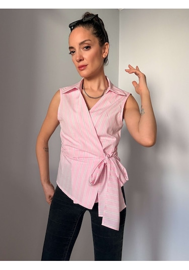 Ali Butik Pembe Çizgili Sıfır Kol Poplin Gömlek Pembe
