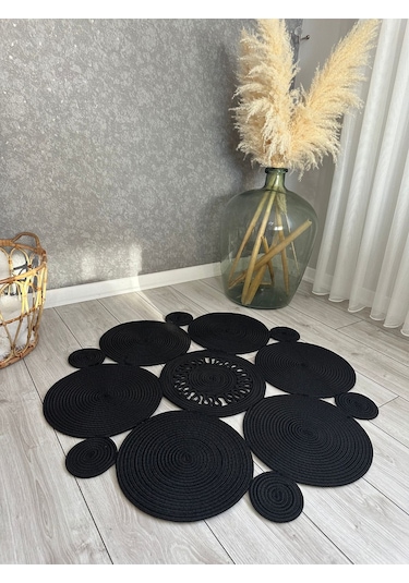 Bohem Jüt El Dokuma Halı Jüt İplik Halı Jüt Doğal Kilim Recycle Kilim Halı Jüt Örme Özel Tasarım Siyah