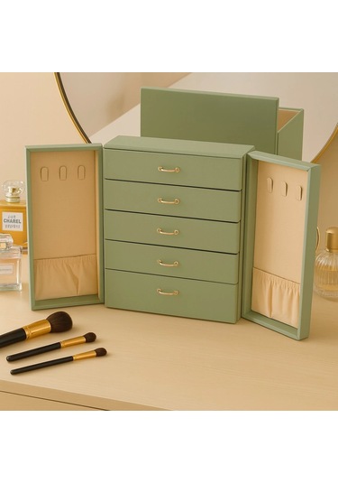 Dışı Deri İçi Kadife 5 Çekmeceli Takı Bijuteri Mücevher Kutusu Organizer Düzenleyici Yeşil İthal Ürü