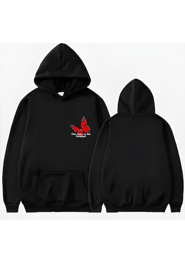 Startmore Kelebek Baskılı Kapüşonlu Sweat Siyah