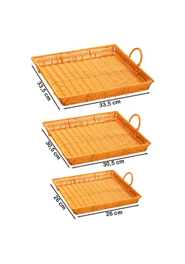 Porsima 709a Kare 3'lü Hasır Tepsi Dekoratif Sunum Servis Tepsisi