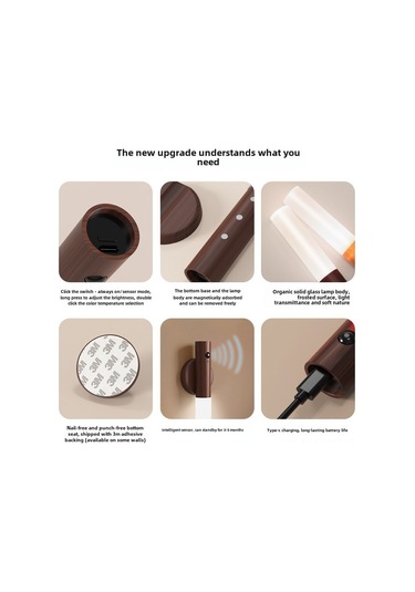 Symbee Akıllı Vücut Algılayıcı Led Gece Lambası - Ev, Merdiven, Dış Mekan İçin Şarj Edilebilir Acil Işık Beyaz Ahşap Rengi, Tek Renk Diğer