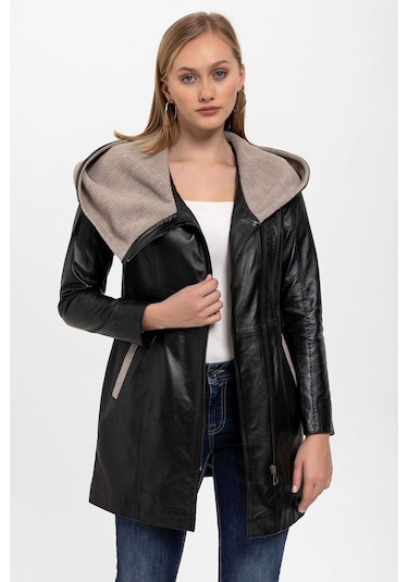 Siyah Julia Triko Kapüonlu Kemerli Hakiki Kadın Deri Kaban-siyah Siyah