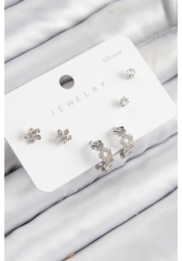 Pirinç Zirkon Taşlı Halka Model Gümüş Renk 925 Ayar Gümüş Çivi Kadın Küpe Set Çok Renkli