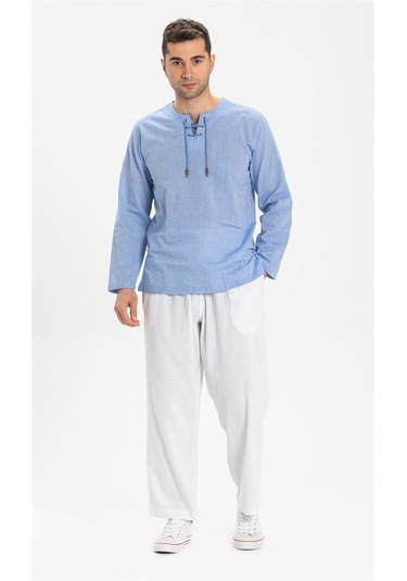 Uzun Kol Şile Bezi Zımbalı Erkek Tshirt Mavi 3032