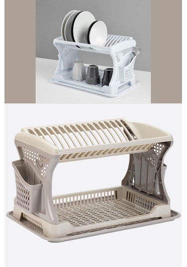 Flosoft İki Katlı Bulaşık Sepeti, Modüler Bulaşıklık Tabaklık, Bölmeli Tabak Kaşık Çatal Kurutmalık Kahverengi Bej