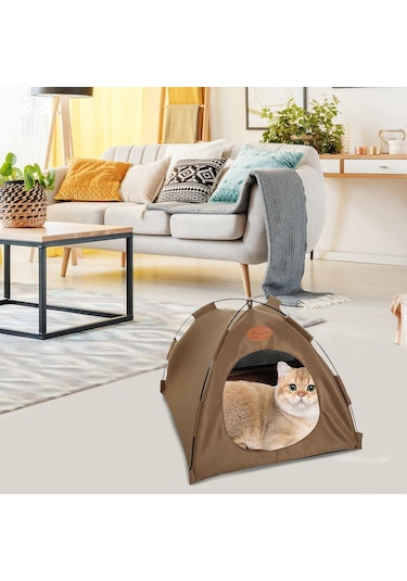 Vkemall Xl Kahverengi Kedi Köpek Çadır Yatağı - Katlanabilir Dış Mekan Uygun - Matlı Ev, 58x58x48cm