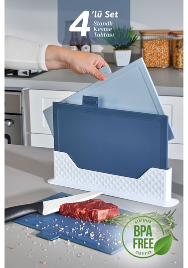 4'lü Tezgah Üstü Yatay Standlı Kesme Tahtası - Çoklu Doğrama Tahtası Ekmek Sebze Et Kesim Panosu Mavi