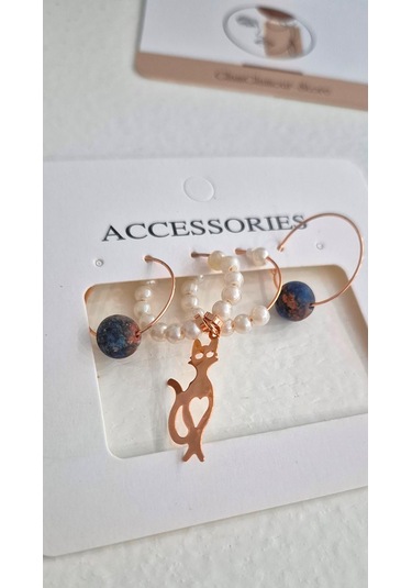 Kedili İnciliküçük Halka Rose Gold Küpe Set Rose