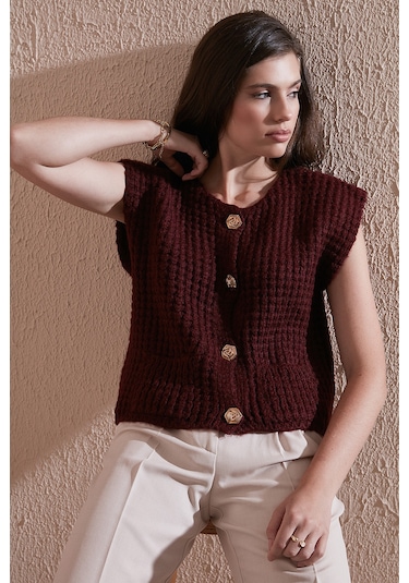 Lela Premium Oversize Fit Bisiklet Yaka Düğmeli Örgü Bayan Yelek 680Yl1416 Bordo