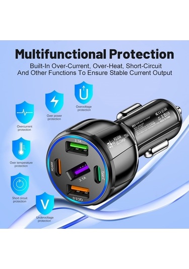 Createtech Telefonu Siyah Şarj Hızlı Hatlı Cihazı Çift Cep Araç 75w 3usb 2pd + Vg