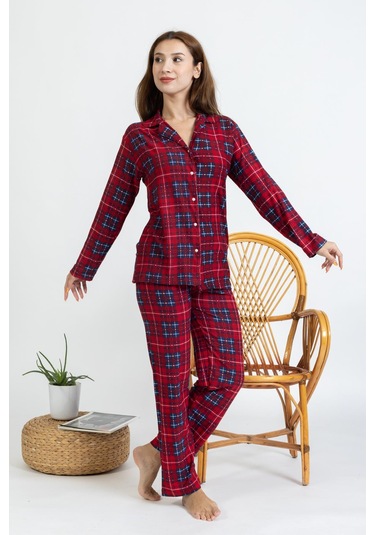 Yeni Sezon Düğmeli Süet Kadın Pijama Takımı 5503-kırmızı Kırmızı