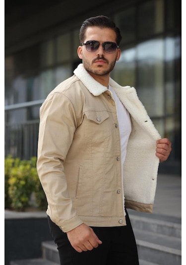 Erkek İçi Kürklü Kot Mont Bej