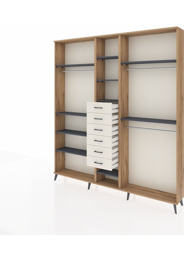 Arges Dolap 10 Raflı 6 Çekmeceli 3 Askılı 220x30x243 Çam-antrasit/aytaşı Antrasıt/aytası