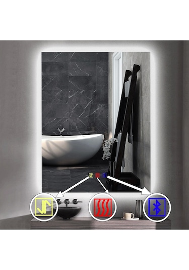 50x70 H Cm Bluetoothlu Buğu Çözücülü Dokunmatik Işıklı Ledli Banyo Aynası Şeffaf