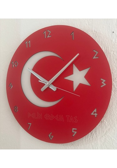 Kişiye Özel İsim Yazılı Ay Yıldız Türk Bayrağı Duvar Saati Epoksi Dolgulu 40 Cm Kırmızı - Beyaz