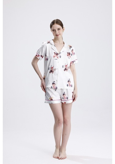 Laperissa Kadın Kısa Kol Şortlu Pijama Takımı Kız Bebek Desenli Yazlık Rahat Ev Giyim Beyaz