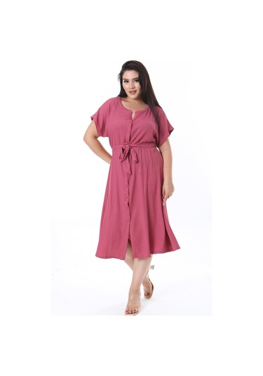Kadın Büyük Beden Gül Kurusu Bürümcük Kumaş Ön Boy Düğmeli V Yakalı Elbise 65n38316-gül Kurusu Gül Kurusu