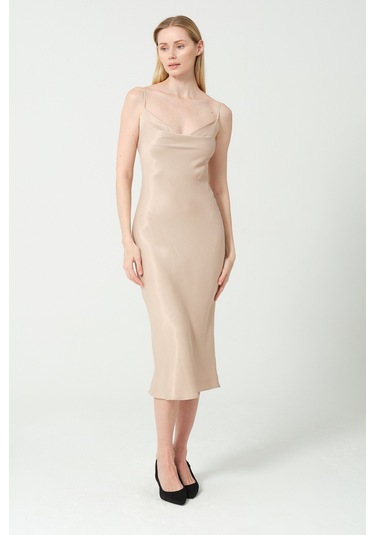 Degaje Döküm Saten Midi Elbise Multi Bej