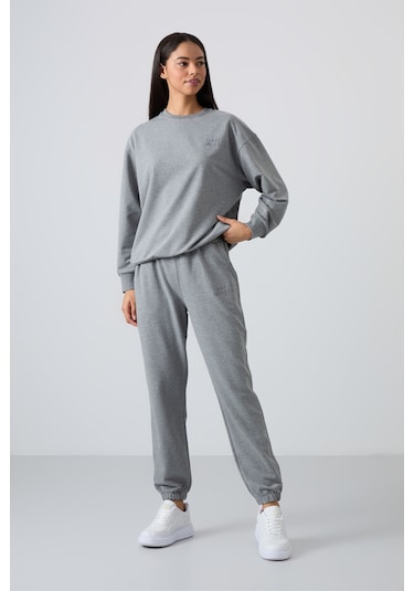 Tommy Life Gri Melanj Basic Pamuklu O Yaka Oversize Lastik Paça Kadın Eşofman Takım - 95287 GRİ MELANJ