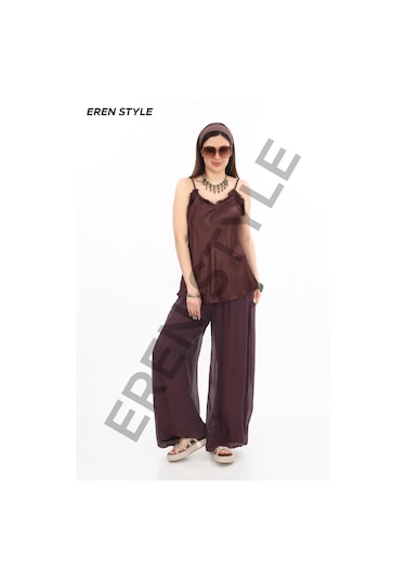 Bohem Stil Italyan Korse Belli Astarlı İpek Pantolon -9655 Mürdüm