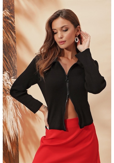 Aqe Fashion Çift Açılır Fermuarlı Polo Yaka Hırka Siyah