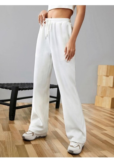 Kallima Kışlık Polarlı Yüksek Bel Beyaz Bol Paça Eşofman Altı Siyah