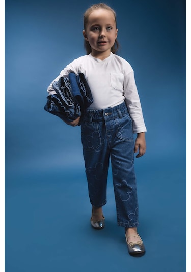 DeFacto Kız Bebek Paperbag Çiçekli Jean Pantolon E7830A525SPBE394 Mavi