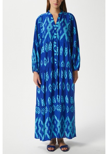 Modest Kadın Megan %100 Viskon Maksi Boy Mavi Katlı Balon Kol Uzun Yazlık Elbise Maviaçıkmavi Açık Mavi