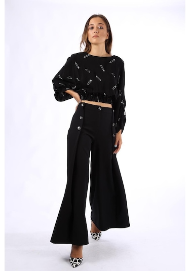 Modatalika Bayan Günlük Çengeli İğne Desenli Siyah Bluz 001
