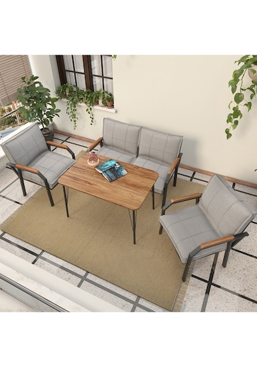 Mygusi Hayal Balkon, Bahçe, Cafe, Teras - Metal Kanepe Koltuk Takımı - 2+1+1 Masali Açikgri Açık Gri