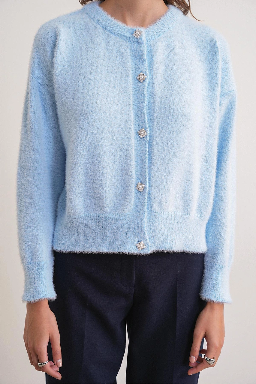 6902 Kadın Sakallı Basic Yumuşak Dokulu Triko Hırka Bebe Mavi Bebe Mavi