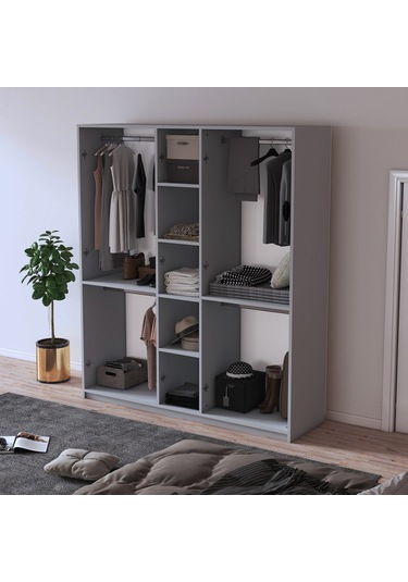 %100 Mdflam 5 Kapaklı 150cm Gardrop G-09 Kül Gri