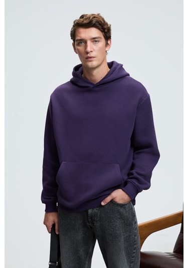 AMOS Erkek Yumuşak Kumaşlı 3 İplik Oversize Kapüşonlu Kanguru Cepli Mor Sweatshirt