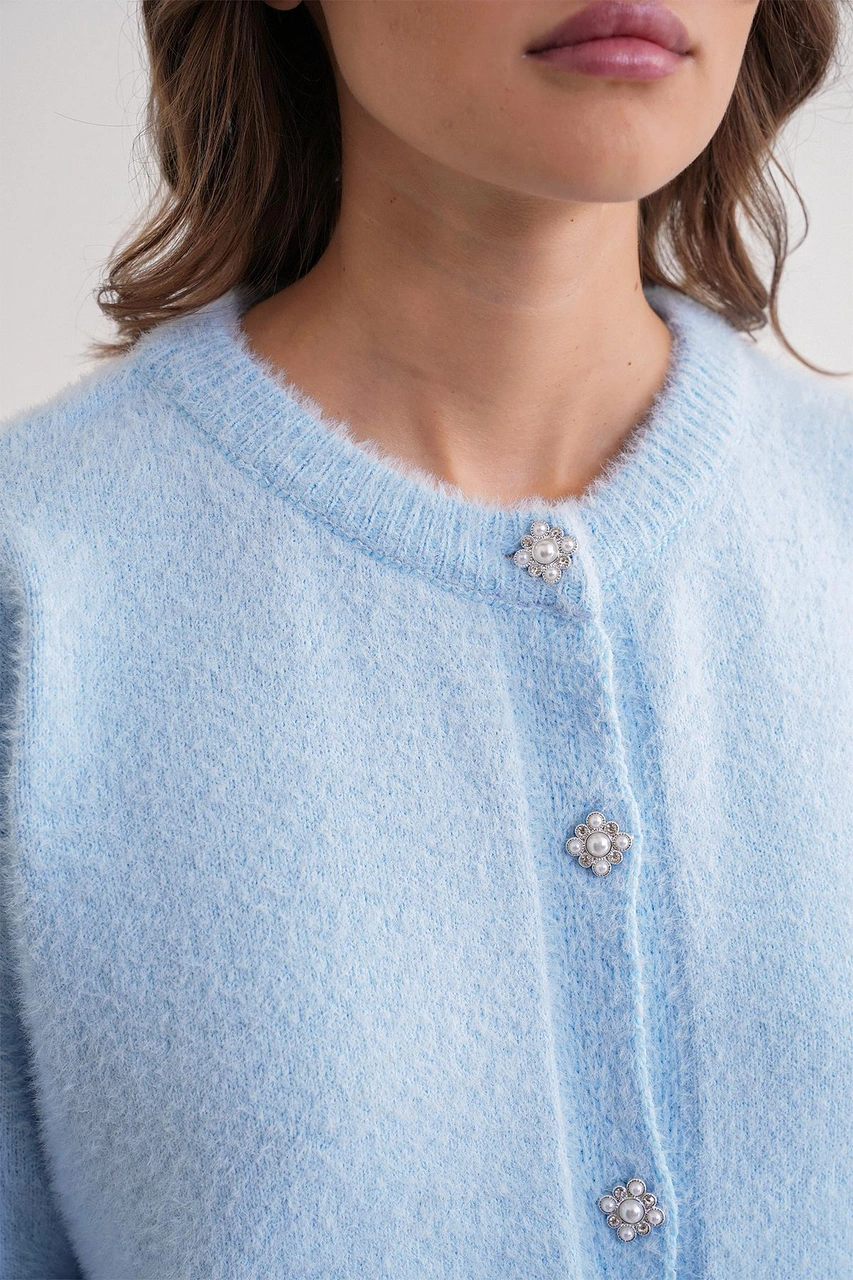 6902 Kadın Sakallı Basic Yumuşak Dokulu Triko Hırka Bebe Mavi Bebe Mavi