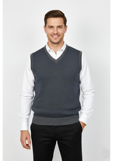 Erkek V Yaka Süveter Çelik Örgü Regular Kalıp Bgl-st04840 Koyu Gri