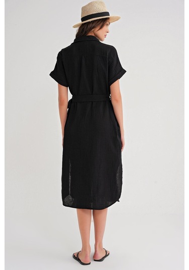 4720 Kadın Pile Detaylı Bağlamalı V Yaka Müslin Elbise Siyah Siyah