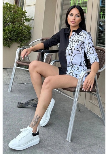 Kadın Siyah Desenli İki Renkli Uzun Kol Regular Kesim Standart Boy Gömlek Siyah